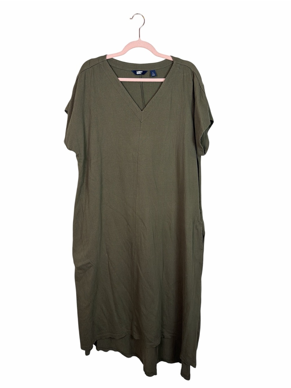Lands’ End Women’s Large 14–16 Olive Green V-Neck Pocket Maxi Dress